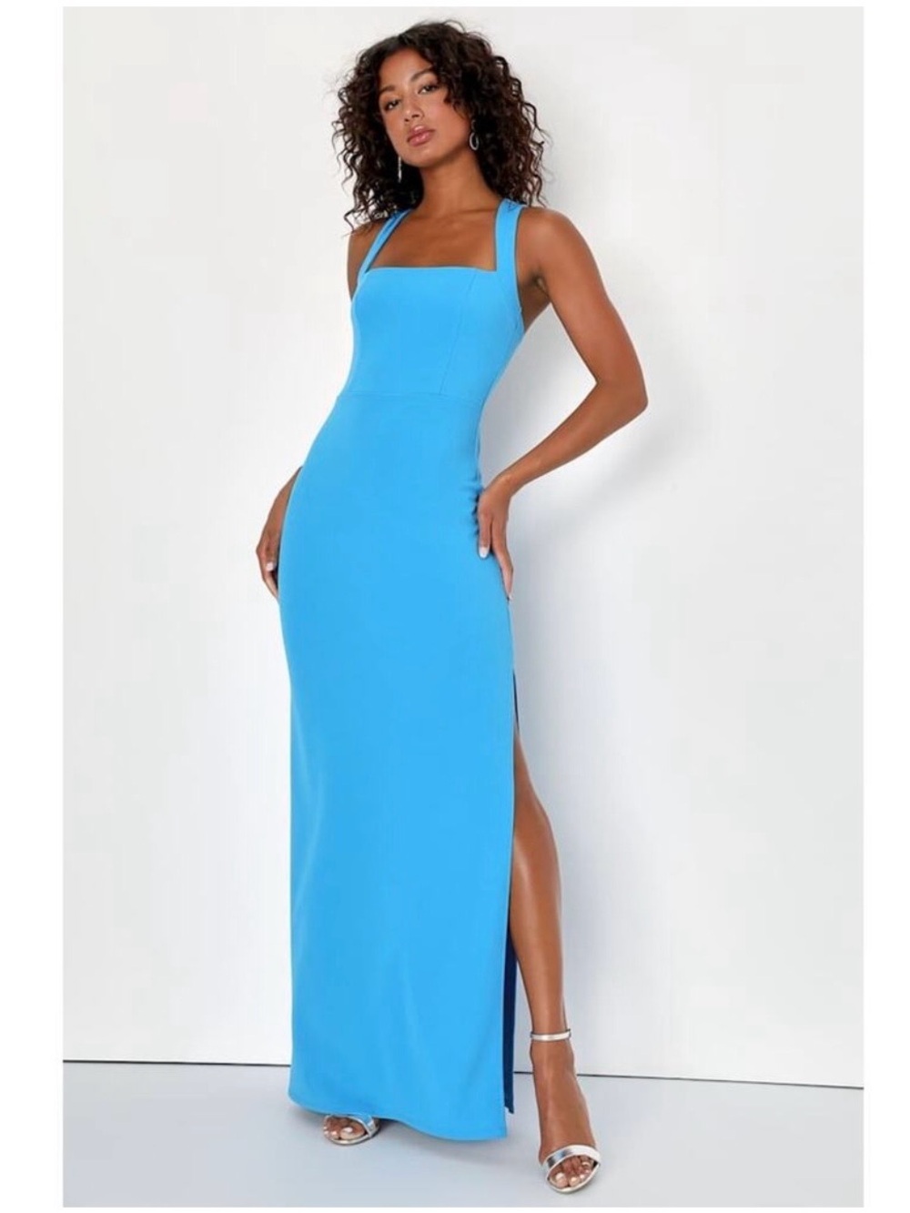 Lulu's Sky-Blue Square Neck Maxi Dress with Side Slit